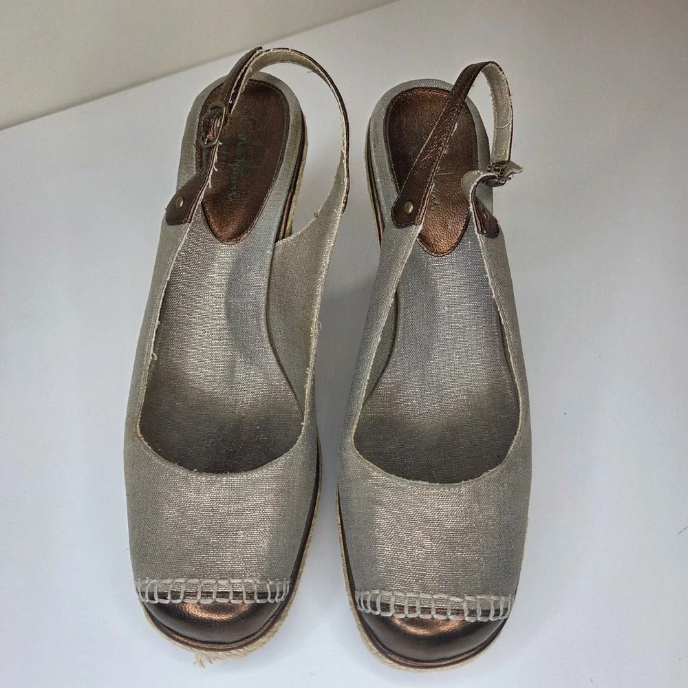 Cole Haan G Series Metallic Gold Canvas Espadrille Wedge Slingback Sandals 7B